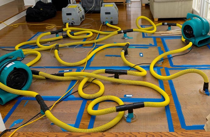 Structural drying equipment with air movers and dehumidifiers
